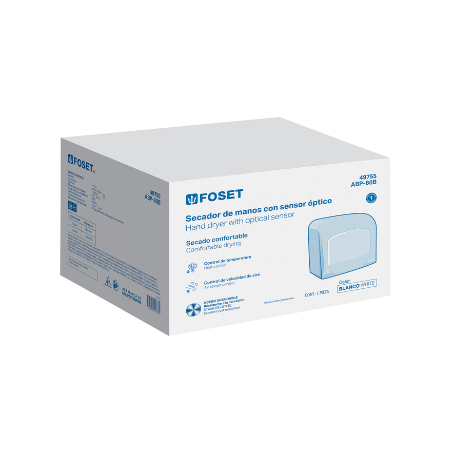 Secador de manos con sensor óptico, acero, blanco, FOSET, 49755