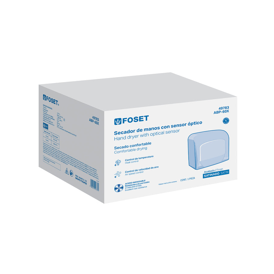 Secador de manos con sensor óptico, acero inoxidable, FOSET, 49783