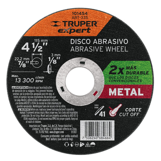 Disco para corte de metal 4-1/2' tipo 41, Truper Expert Caja con 5, 101454