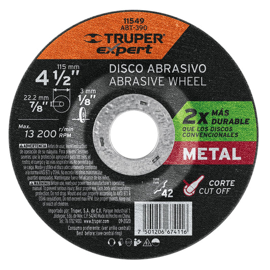 Disco Tipo 42 de 4-1/2' x 3.2 mm corte metal, Truper Expert Caja con 5, 11549