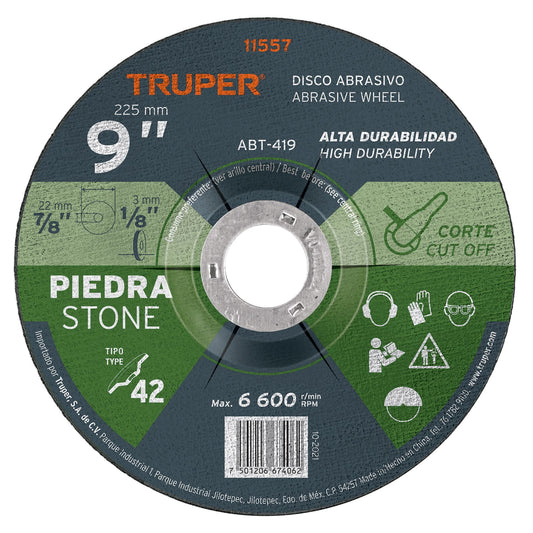 Disco Tipo 42 de 9' x 3.2 mm para corte de piedra, Truper Caja con 5, 11557