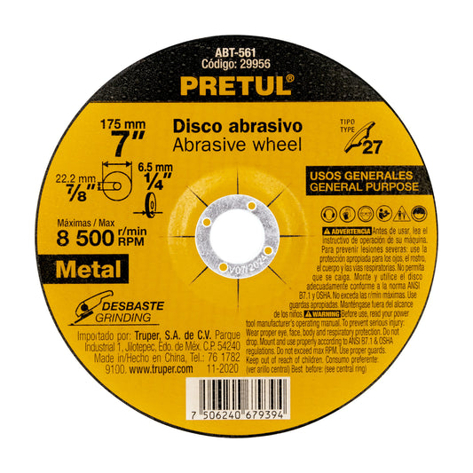 Disco Tipo 27 de 7' x 6.2 mm desbaste de metal, Pretul Caja con 5, 29956