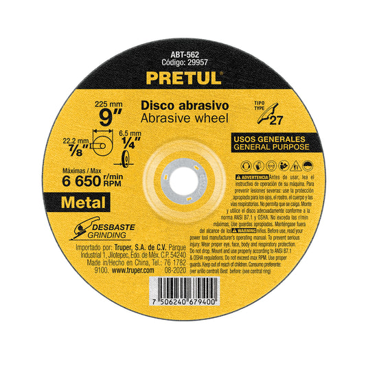 Disco Tipo 27 de 9' x 6.2 mm desbaste de metal, Pretul Caja con 5, 29957
