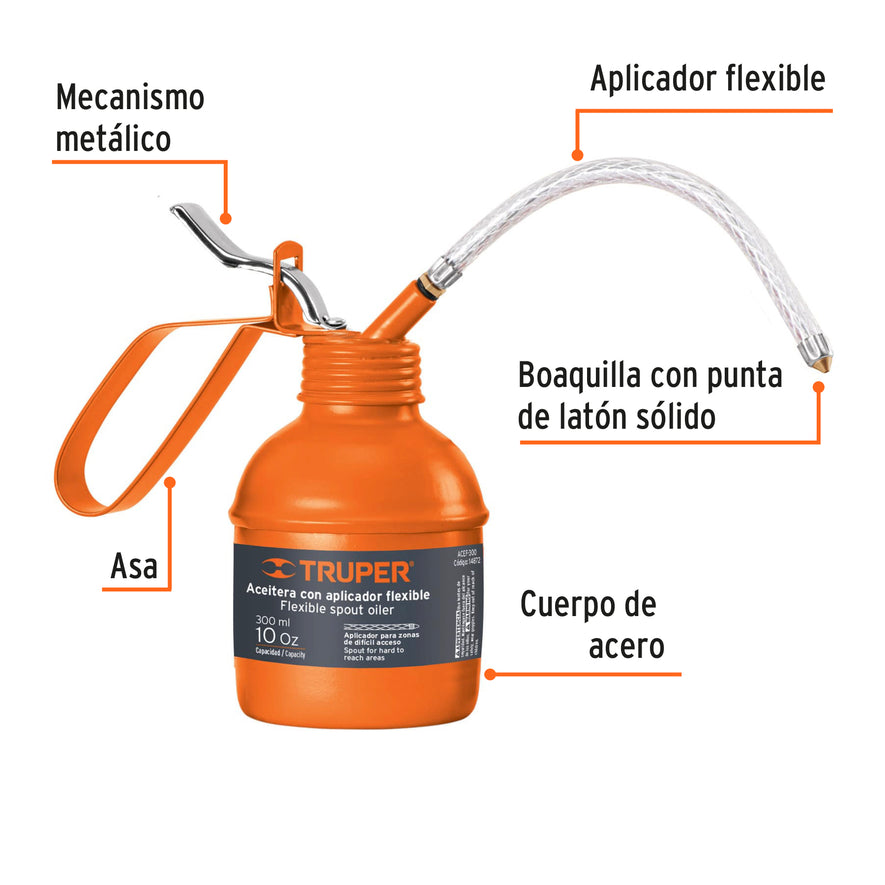 Aceitera de 300 ml (10 oz) con aplicador flexible, Truper Caja con 6, 14872