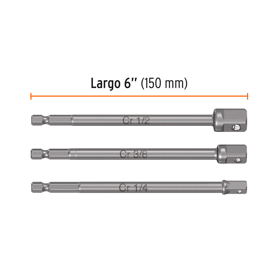 Juego de 3 adaptadores largos para dados de 1/4, 3/8 y 1/2' Caja con 6, 19599