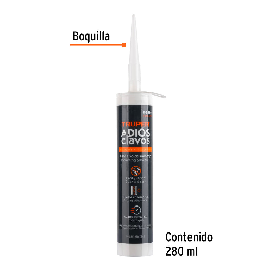 Adhesivo de montaje Adiós clavos, 420 g, Truper Caja con 6, 102280