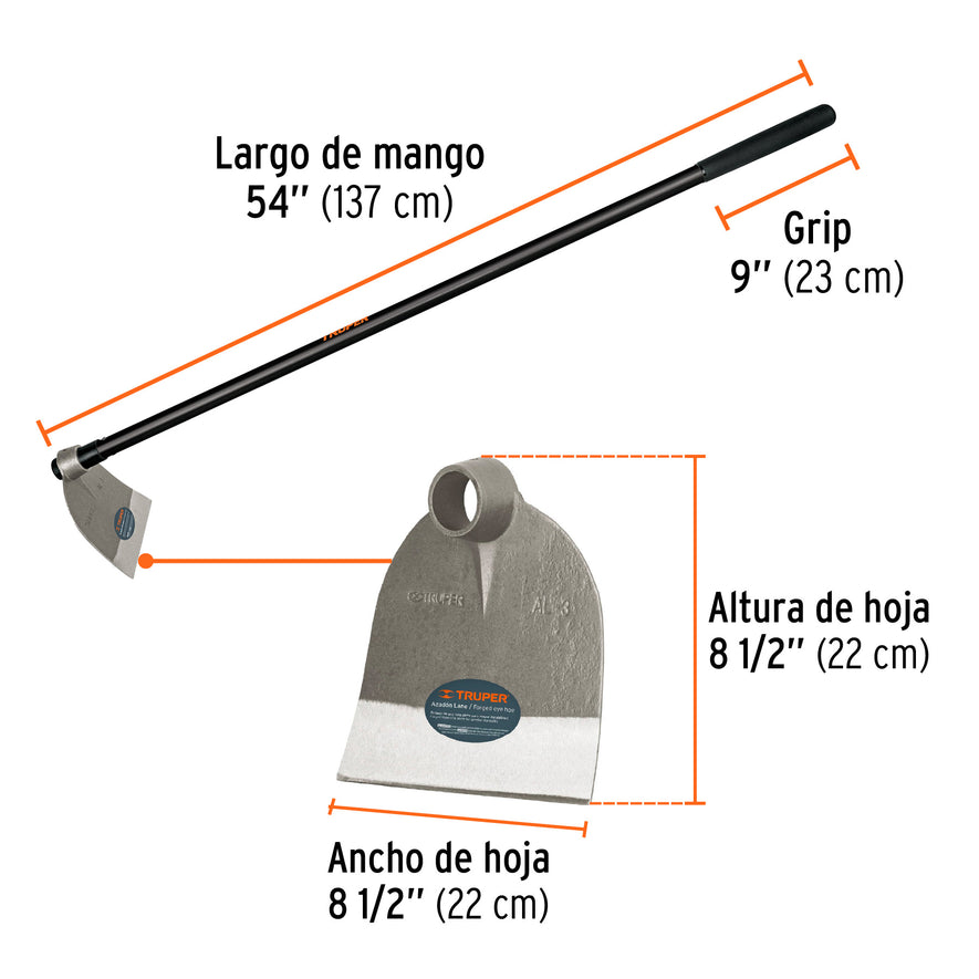 Azadón Lane No.3 de 2.1 lb con mango de 54', Truper Caja con 4, 10621