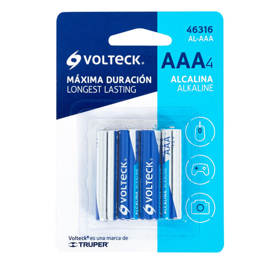 Blíster con 4 pilas alcalinas AAA, VOLTECK Caja con 10, 46316