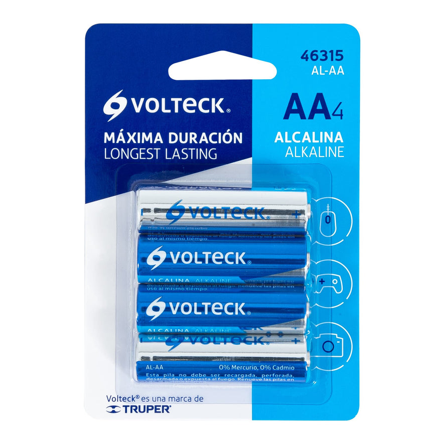 Blíster con 4 pilas alcalinas AA, VOLTECK Caja con 10, 46315
