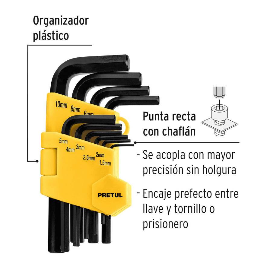 Juego 10 llaves allen mm punta hex con organizador, PRETUL Caja con 6, 21855