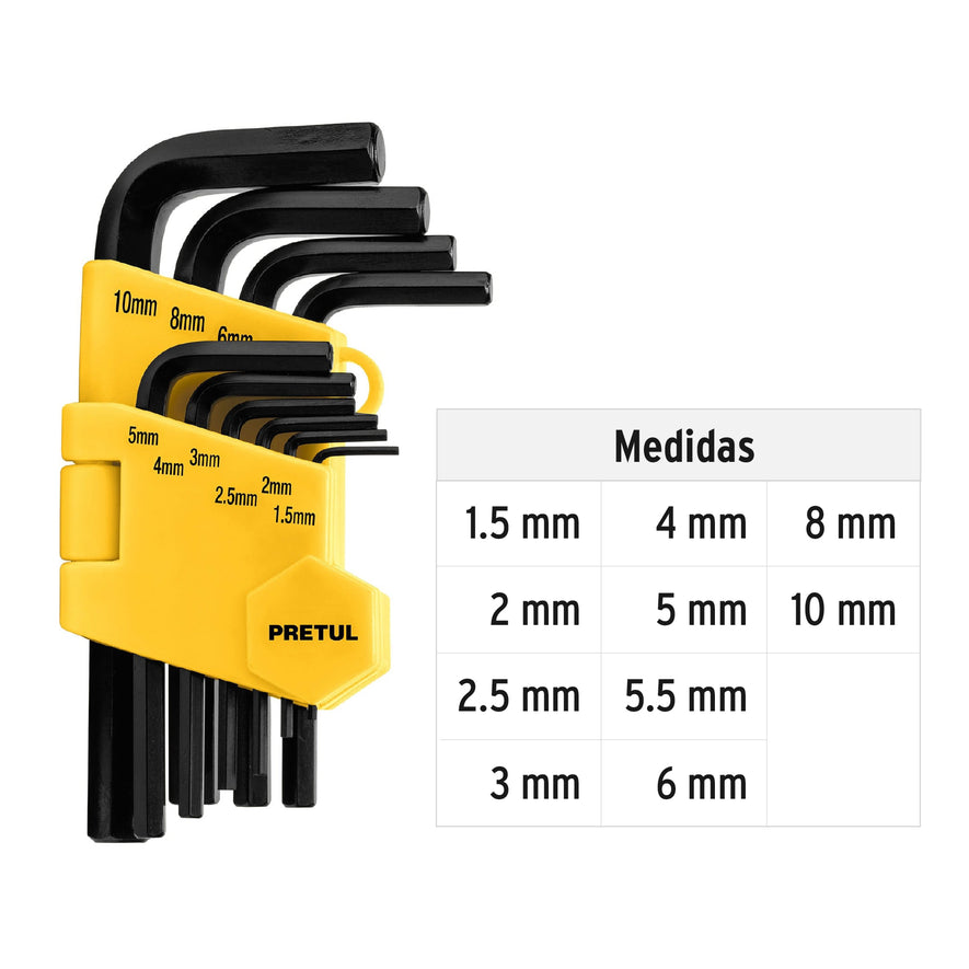 Juego 10 llaves allen mm punta hex con organizador, PRETUL Caja con 6, 21855