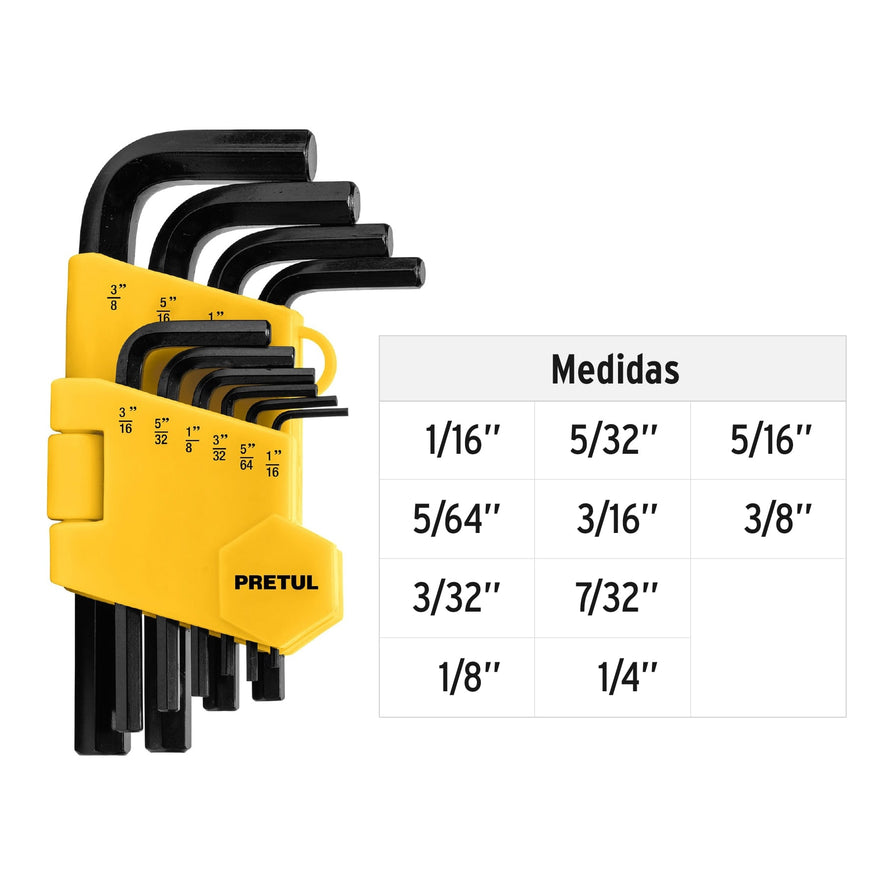 Juego 10 llaves allen std punta hex con organizador, PRETUL Caja con 6, 21854