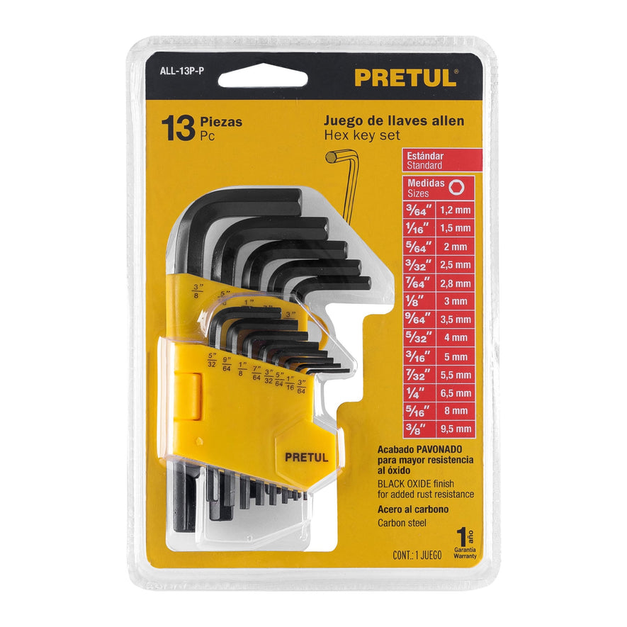 Juego 13 llaves allen std punta hex con organizador, PRETUL Caja con 6, 21856