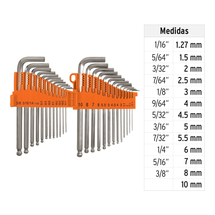 Juego 25 llaves allen largas mixtas punta bola,organizador Caja con 6, 15572
