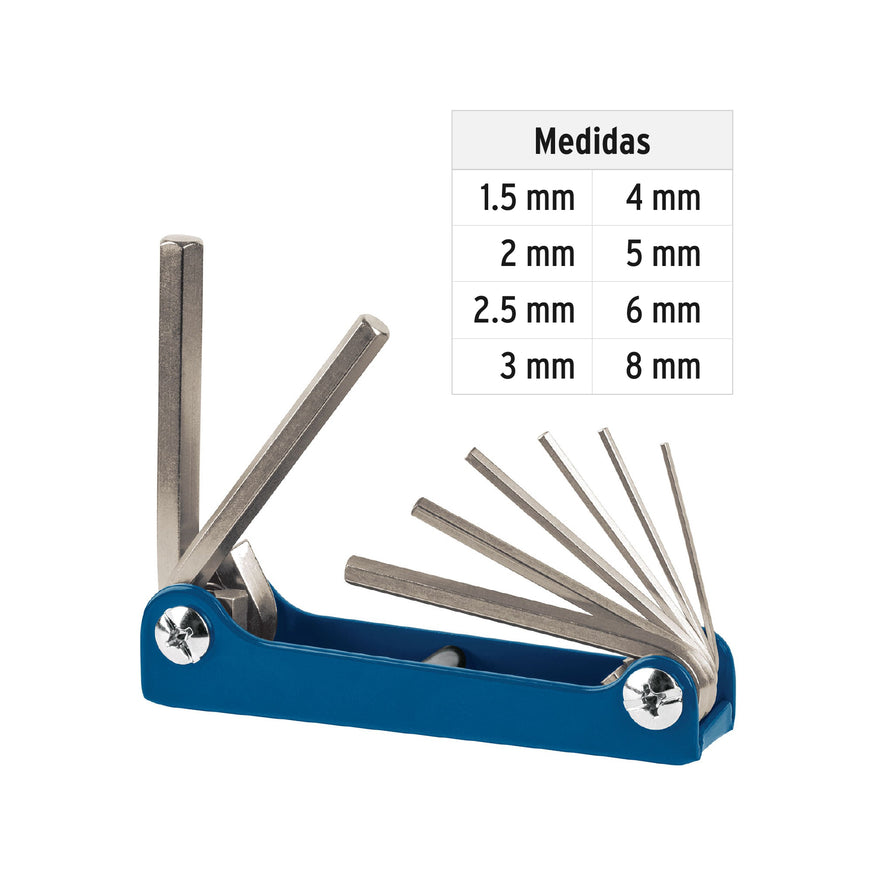 Juego de 8 llaves allen mm tipo navaja, cuerpo de lámina Caja con 6, 15555