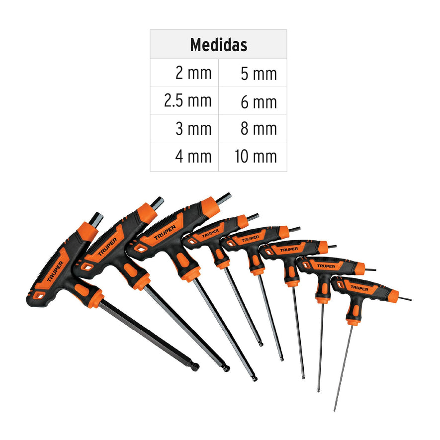 Juego 8 llaves allen mm extralargas mango T, punta de bola Caja con 4, 100933