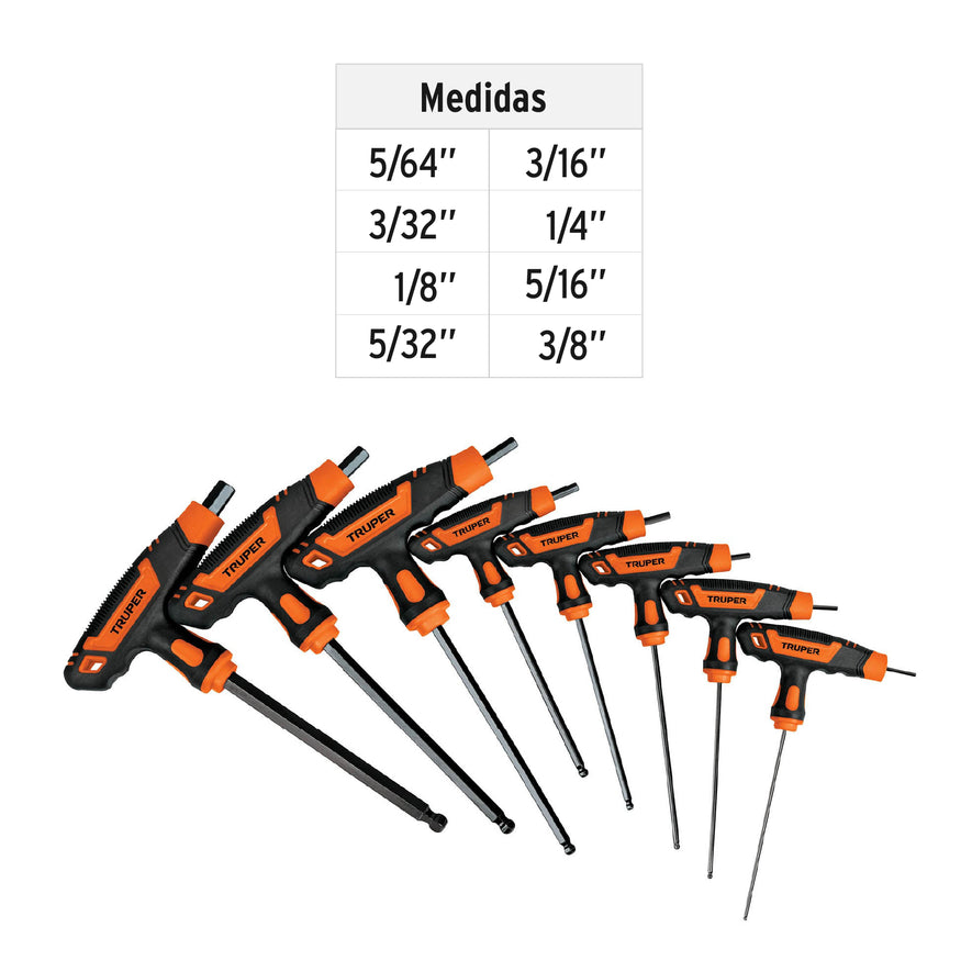 Juego 8 llaves allen std extralargas mango T, punta de bola Caja con 4, 100934