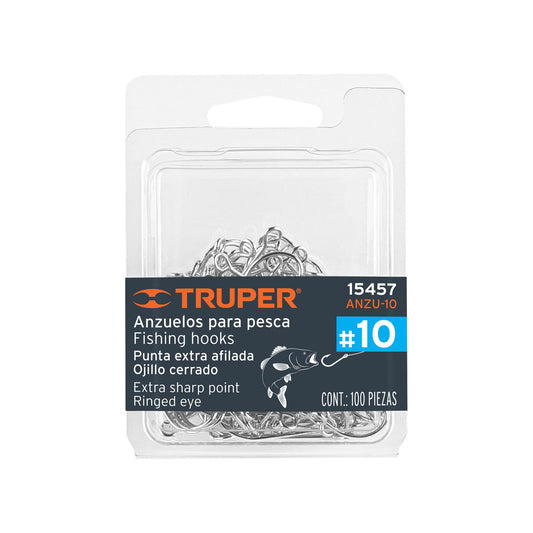 Blíster con 100 anzuelos para pesca # 10, Truper Caja con 10, 15457