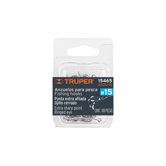 Blíster con 100 anzuelos para pesca # 15, Truper Caja con 10, 15465