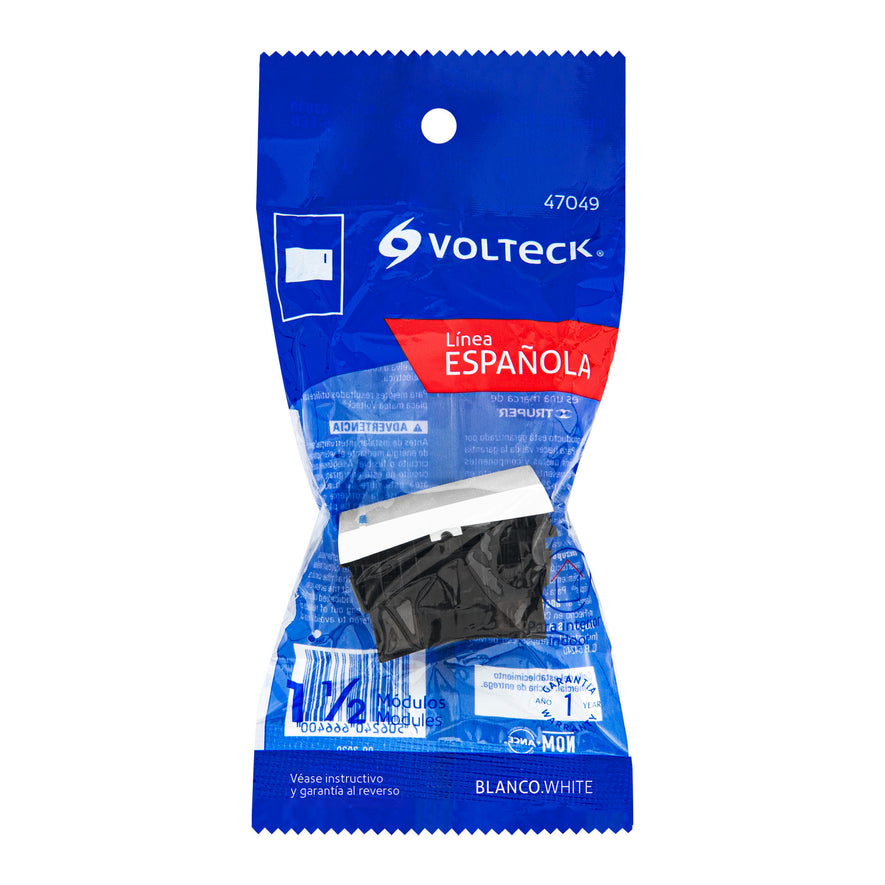 Interruptor de 3 vías, 1.5 módulos, línea Española, blanco Caja con 12, 47049