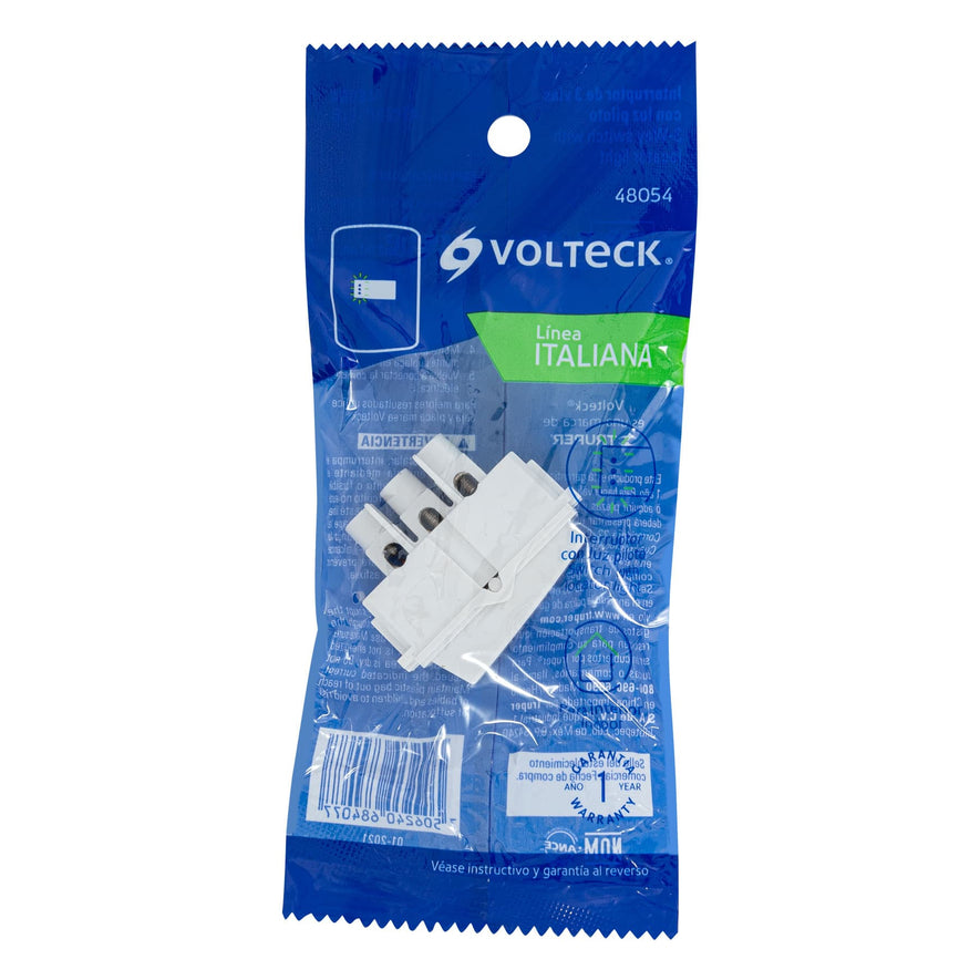 Interruptor de 3 vías con luz piloto, línea Italiana, blanco Caja con 12, 48054