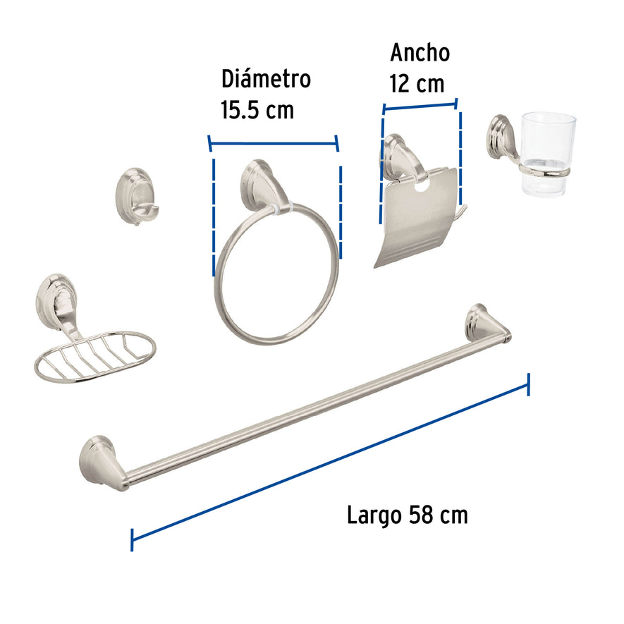 Juego de 6 accesorios p/baño satín chapetón ovalado, Aqua, 49162