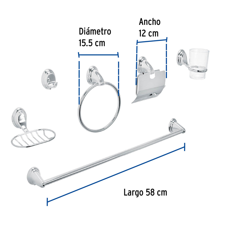 Juego de 6 accesorios p/baño cromo chapetón ovalado, Aqua, 48341