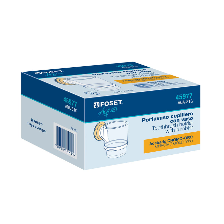 Portavaso cepillero cromo-oro con vaso de vidrio, Foset Aqua Caja con 6, 45977