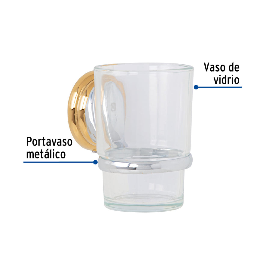 Portavaso cepillero cromo-oro con vaso de vidrio, Foset Aqua Caja con 6, 45977