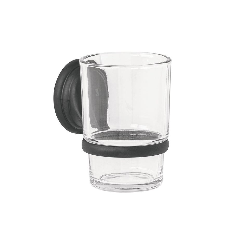 Portavaso cepillero negro con vaso de vidrio, Foset Aqua Caja con 6, 45979