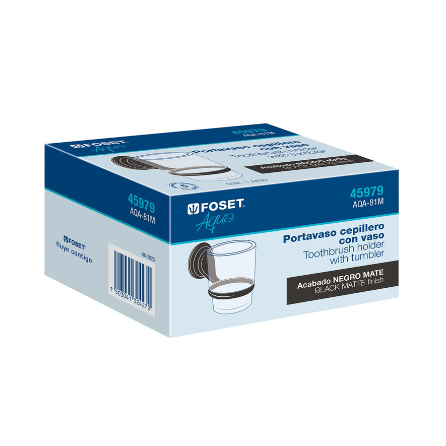 Portavaso cepillero negro con vaso de vidrio, Foset Aqua Caja con 6, 45979
