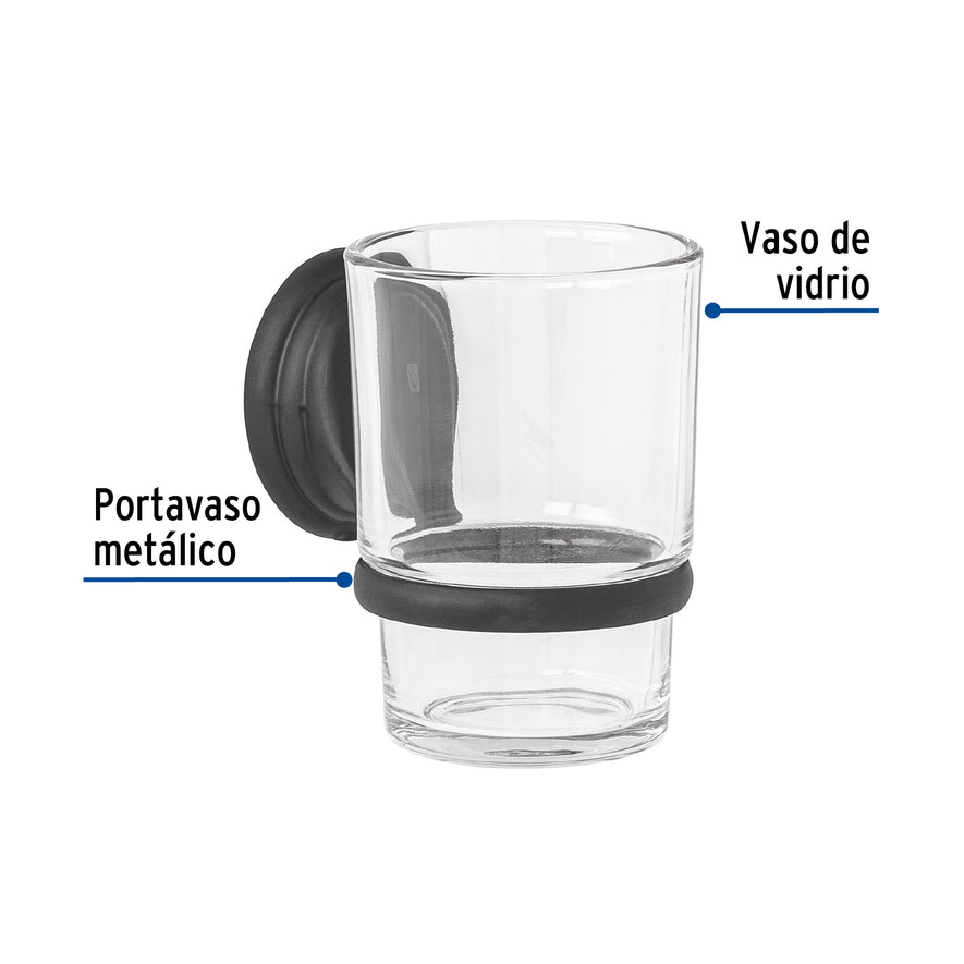 Portavaso cepillero negro con vaso de vidrio, Foset Aqua Caja con 6, 45979
