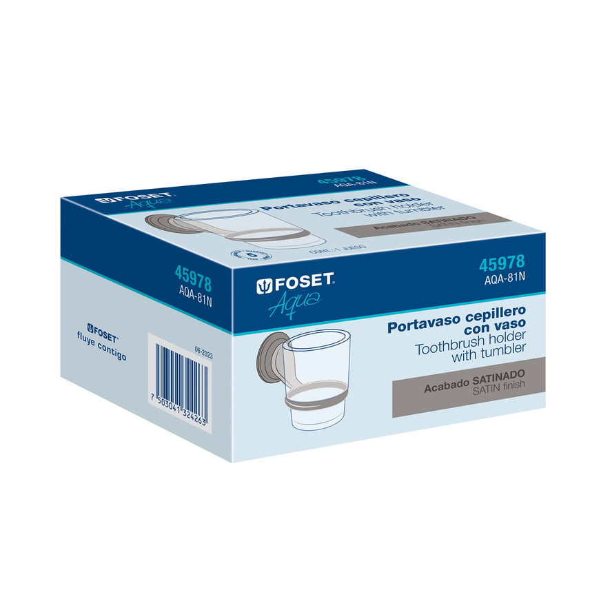 Portavaso cepillero satín con vaso de vidrio, Foset Aqua Caja con 6, 45978