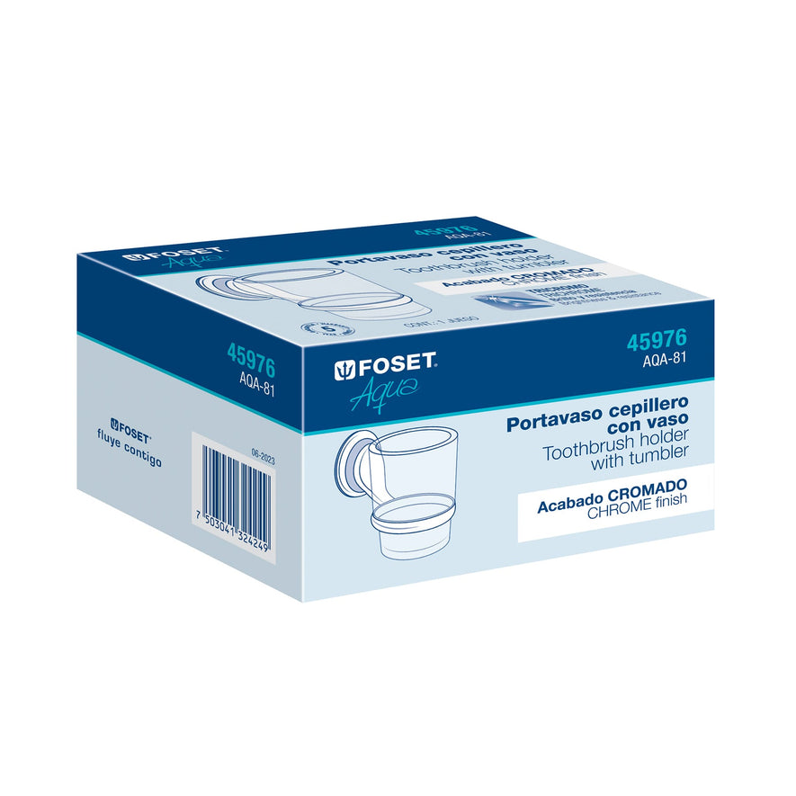 Portavaso cepillero cromo con vaso de vidrio, Foset Aqua Caja con 6, 45976