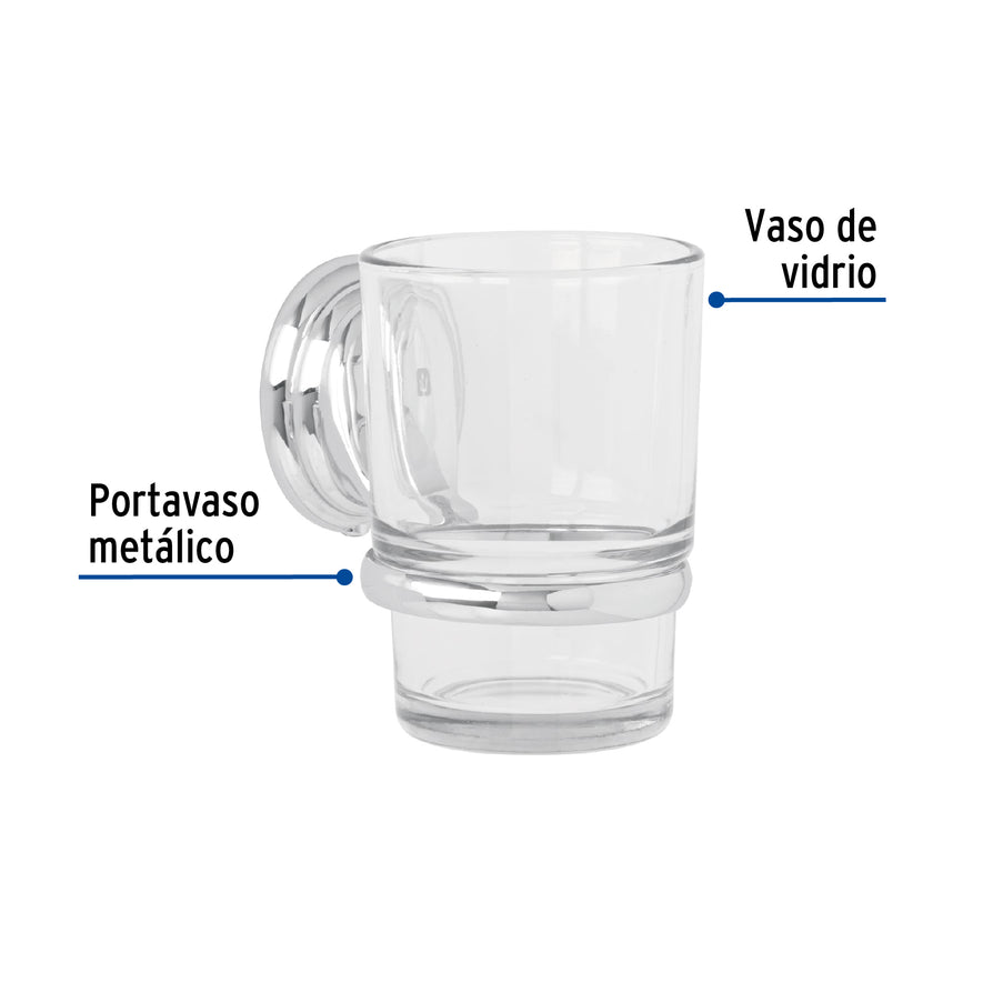 Portavaso cepillero cromo con vaso de vidrio, Foset Aqua Caja con 6, 45976