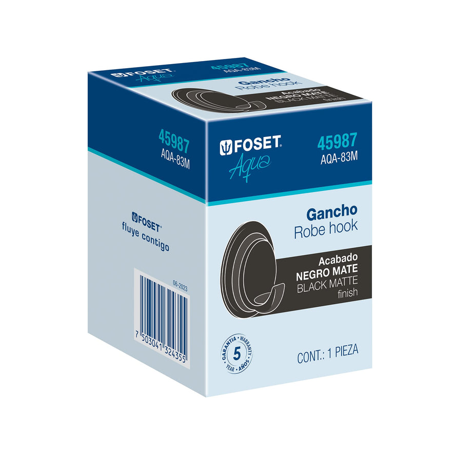 Gancho sencillo metálico acabado negro, Foset Aqua Caja con 6, 45987