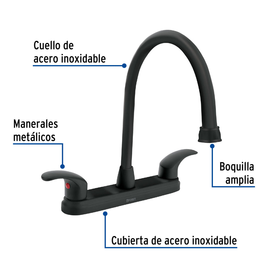 Mezcladora fregadero 8' negro, cuello largo, palanca, AQUA, 45625