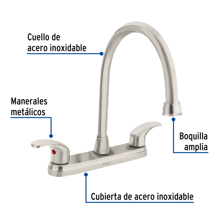 Mezcladora fregadero 8' satín, cuello largo, palanca, AQUA, 45624