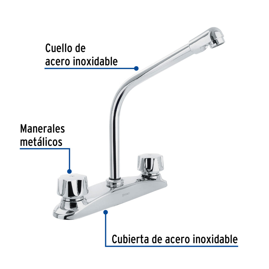 Mezcladora fregadero 8' cromo, cuello cobra, hexagonal, AQUA, 45629
