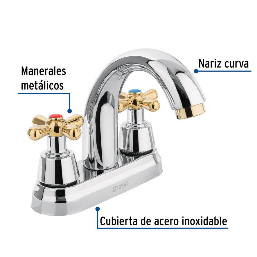 Mezcladora lavabo 4' cromo-oro, nariz curva, cruceta, AQUA, 45355