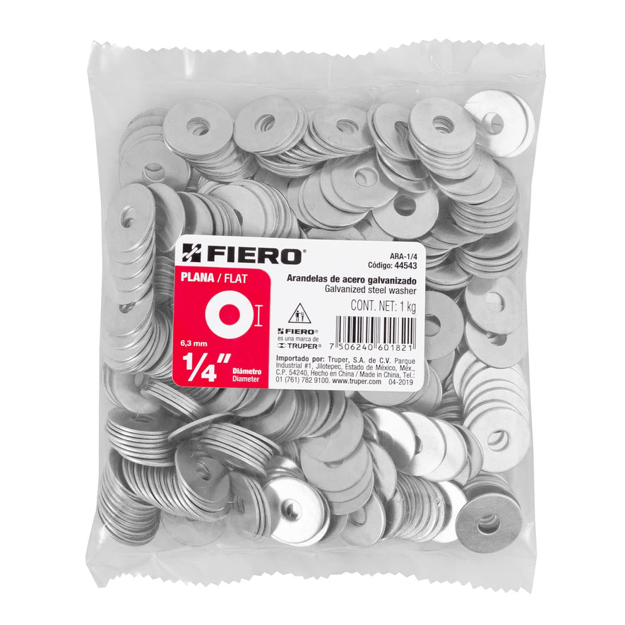 Bolsa con 1 kg de arandelas planas de 1/4', Fiero Caja con 6, 44543