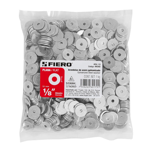 Bolsa con 1 kg de arandelas planas de 1/8', Fiero Caja con 6, 44540