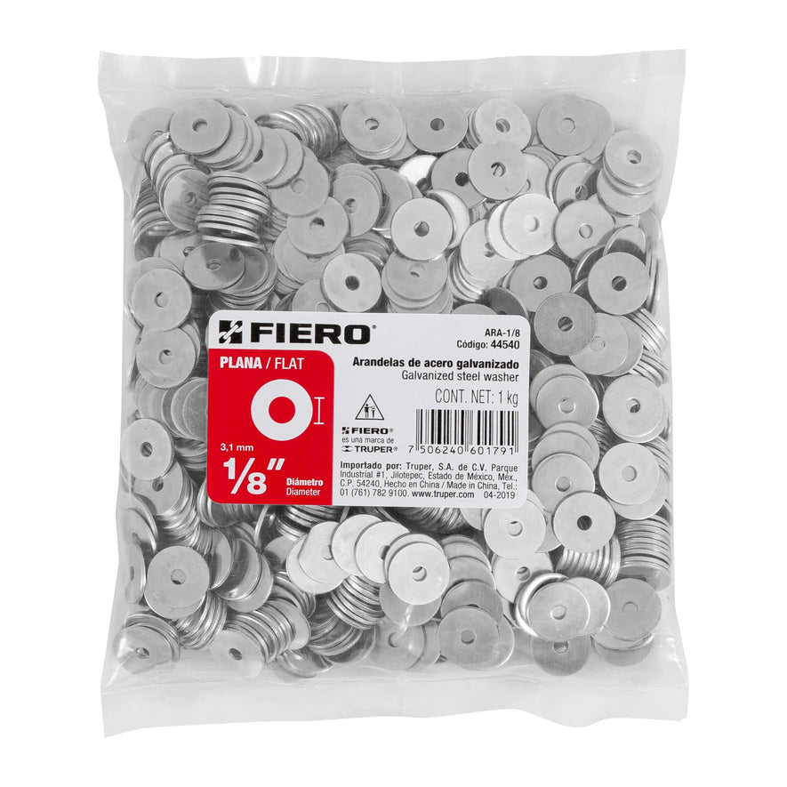 Bolsa con 1 kg de arandelas planas de 1/8', Fiero Caja con 6, 44540