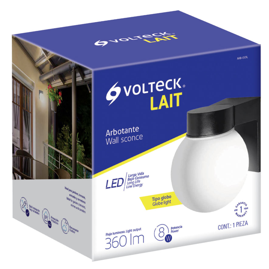 Arbotante de LED 8 W tipo globo luz cálida, Volteck Caja con 2, 46344