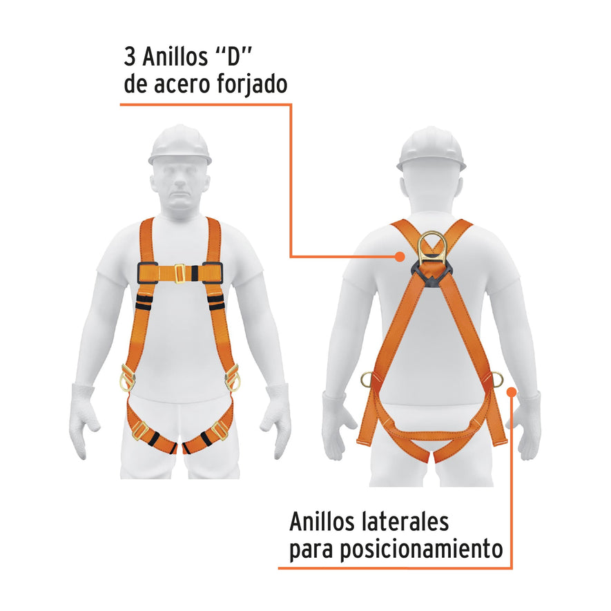 Arnés de cuerpo completo 3 anillos, laterales, ANSI, Truper, 14439