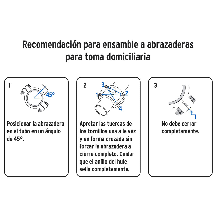 Abrazadera para toma domiciliaria PP 1-1/2' x 1/2', Foset Caja con 6, 40711