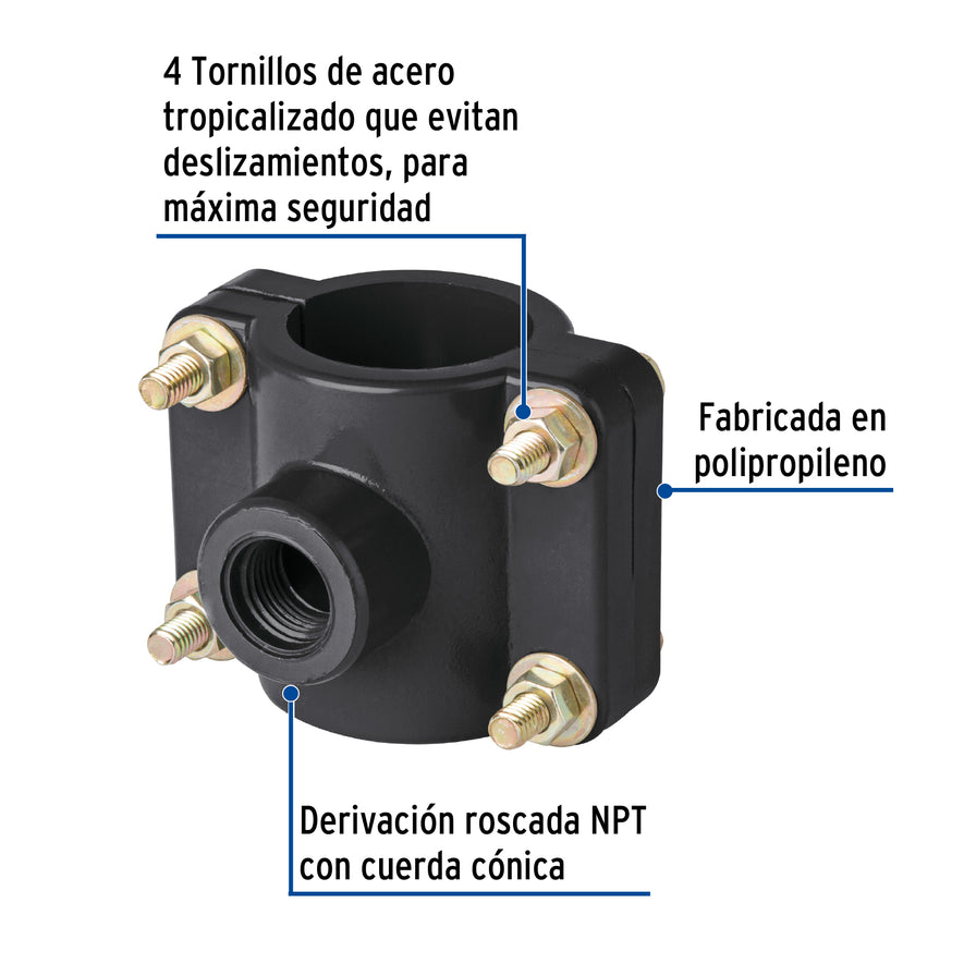 Abrazadera para toma domiciliaria PP 1-1/2' x 1/2', Foset Caja con 6, 40711