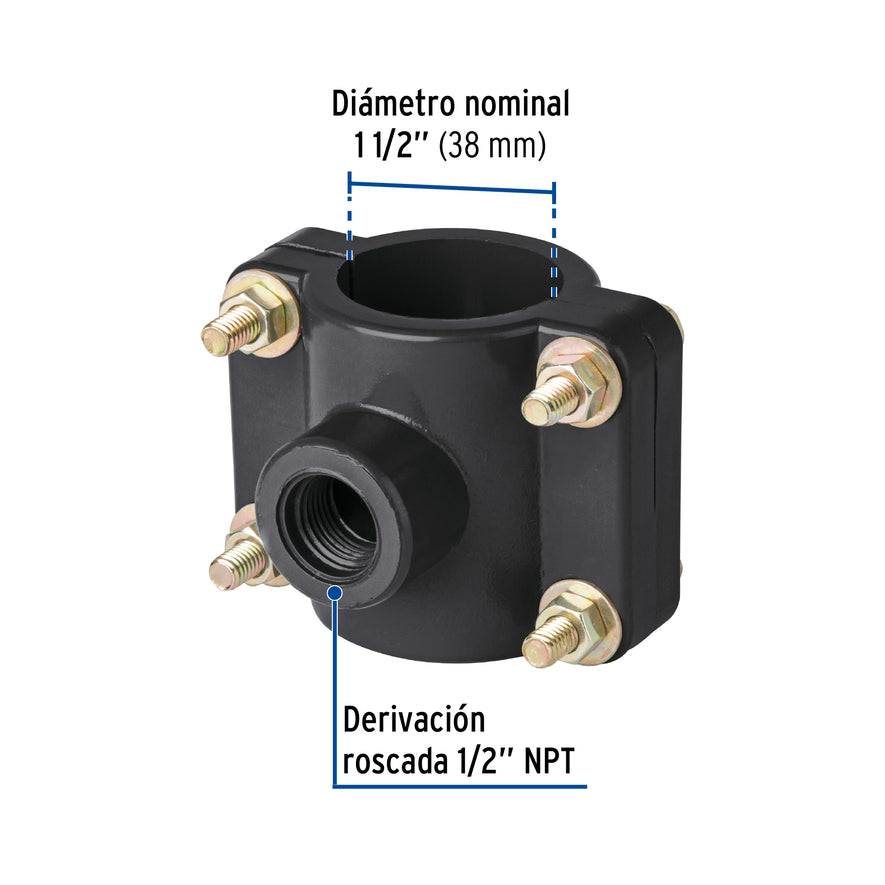 Abrazadera para toma domiciliaria PP 1-1/2' x 1/2', Foset Caja con 6, 40711