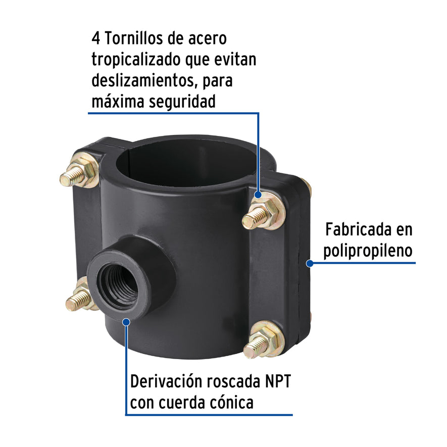 Abrazadera para toma domiciliaria PP 2-1/2' x 1/2', Foset Caja con 6, 40713