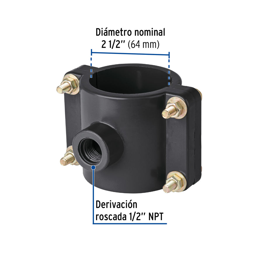 Abrazadera para toma domiciliaria PP 2-1/2' x 1/2', Foset Caja con 6, 40713